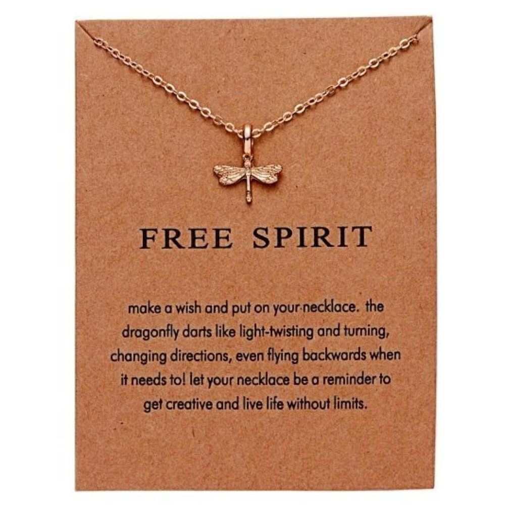 GOLD PLATED FREE SPIRIT DRAGONFLY PENDANT NECKLACE WITH INSPIRATIONAL CARD